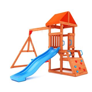 WOODEN SWING SET WITH SLIDE, CLIMBING WALL, 2.81x2.35x3.41m